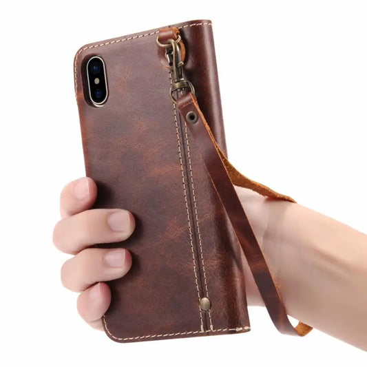 Genuine Leather Flip Wallet Case – iPhone 14‑17 Pro & Pro Max