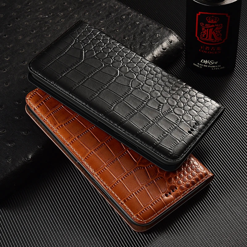 Genuine Crocodile Leather Flip Wallet Case for iPhone 14–17 Series
