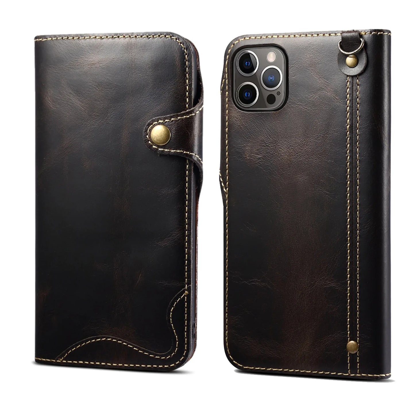 Genuine Leather Flip Wallet Case – iPhone 14‑17 Pro & Pro Max