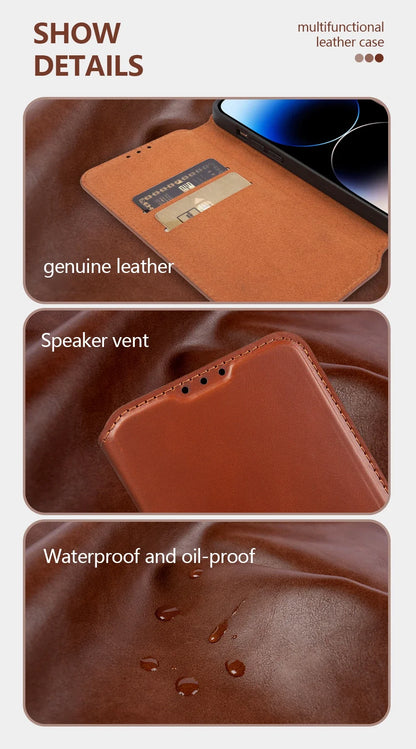 Genuine Leather Flip Wallet Case for iPhone 17 / 17 Pro / 17 Pro Max – Handmade Luxury Cover