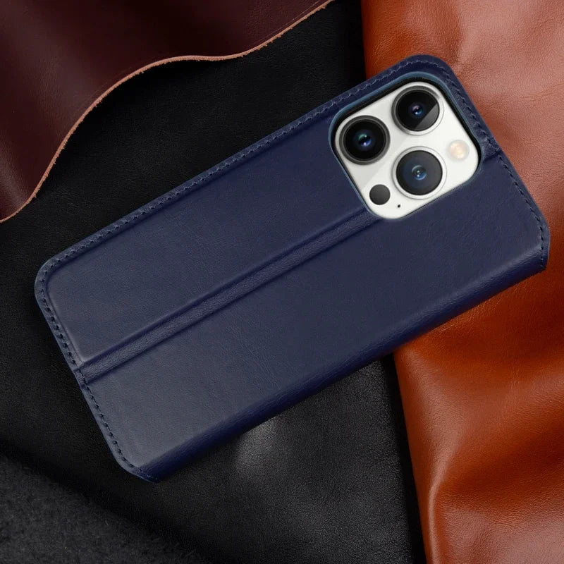 Genuine Leather Flip Wallet Case for iPhone 17 / 17 Pro / 17 Pro Max – Handmade Luxury Cover