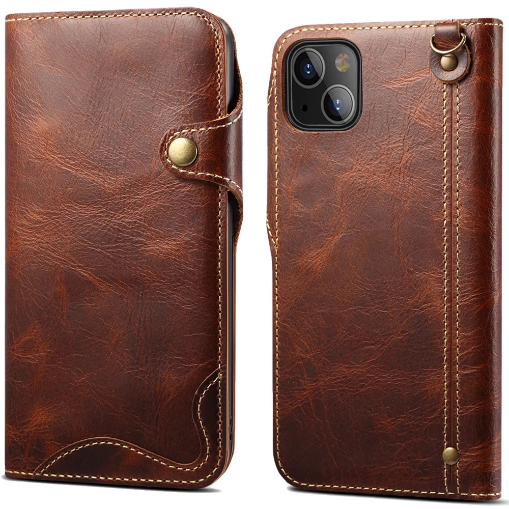 Genuine Leather Flip Wallet Case – iPhone 14‑17 Pro & Pro Max