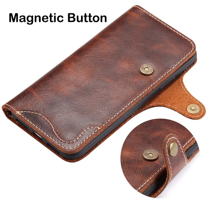 Genuine Leather Flip Wallet Case – iPhone 14‑17 Pro & Pro Max