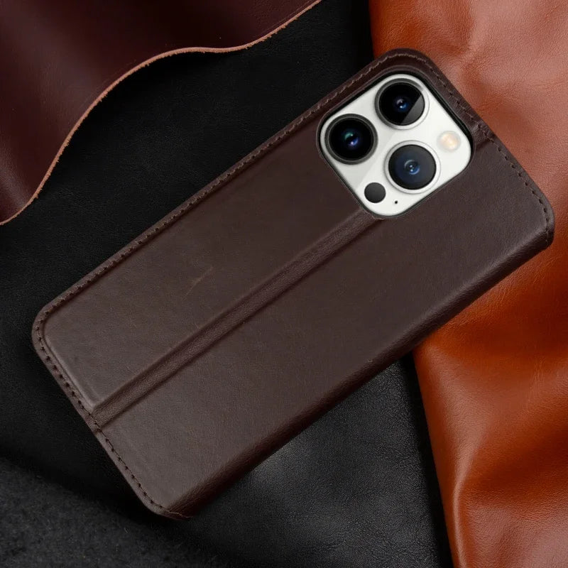 Genuine Leather Flip Wallet Case for iPhone 17 / 17 Pro / 17 Pro Max – Handmade Luxury Cover