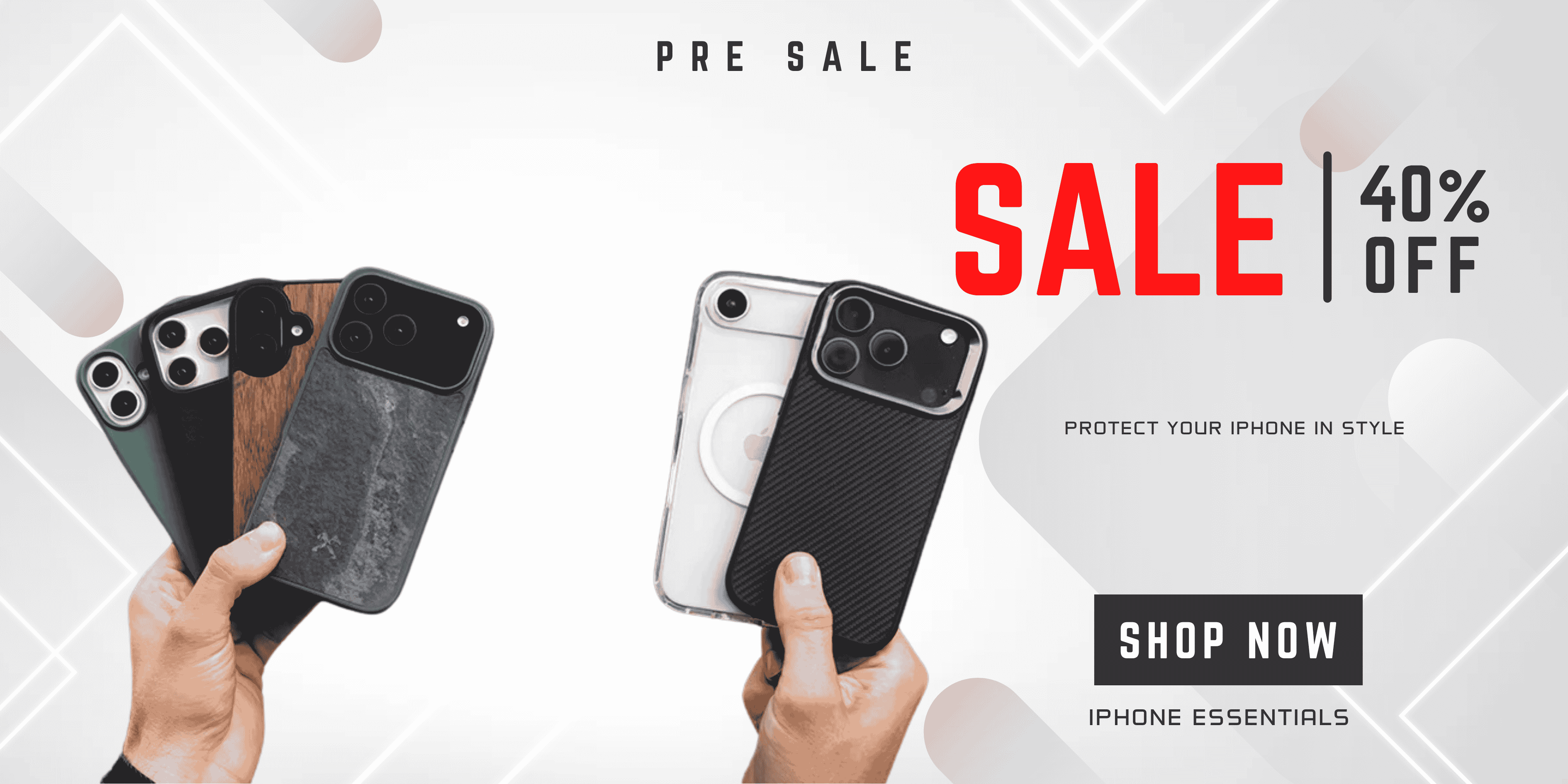 Promotional banner for phone cases with hands holding phones, sale text, and 'Shop Now' button.
